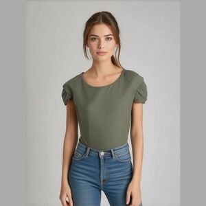 Candace Cameron Bure Mixed Media Puff Sleeve Shirt Top Tee Sage Size XXS NEW